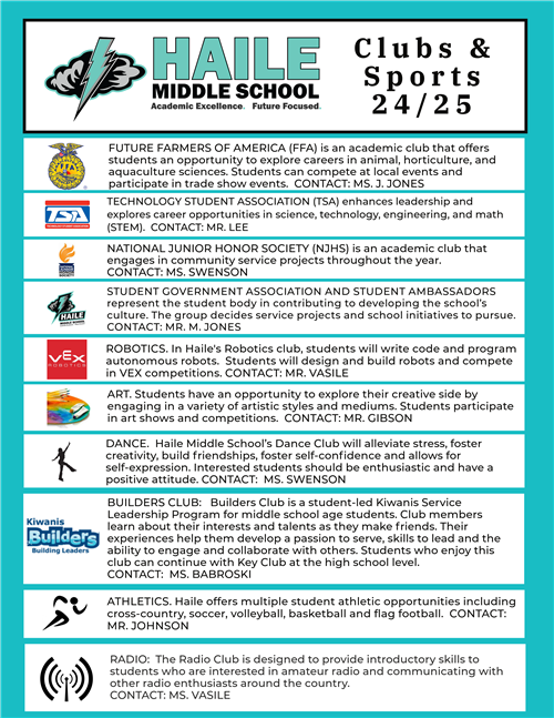 List of Clubs and Sports Information at Haile MS
